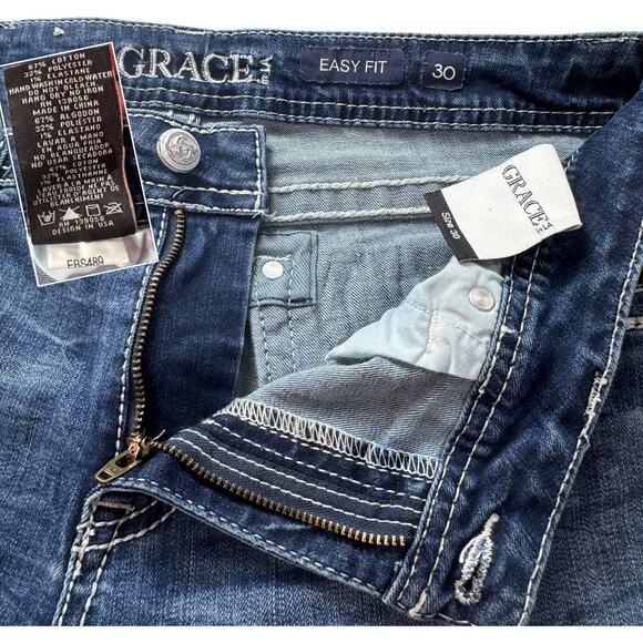 Grace in LA Bootcut Jeans Tribal Feather Embroider Fray Hem Easy Fit 32X33* (30) - Picture 8 of 16